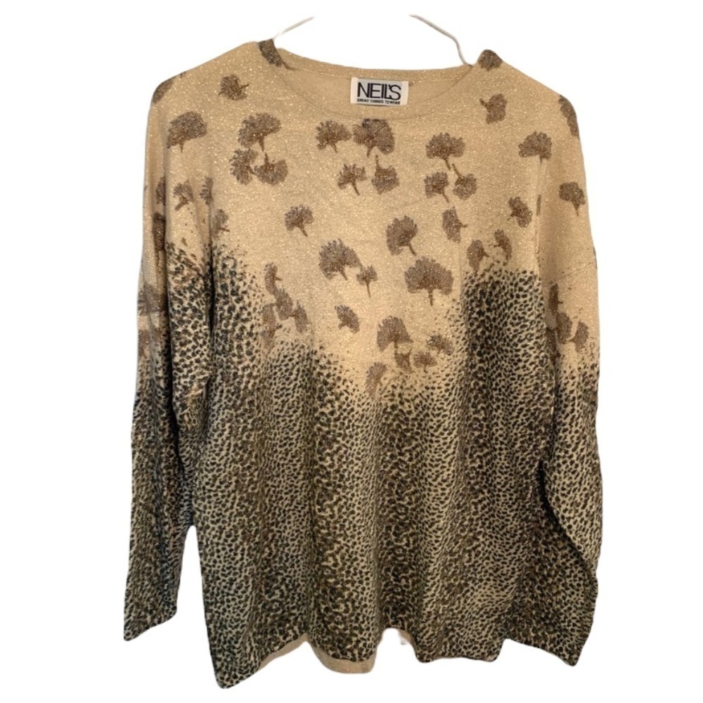 Tan/black Floral animal print Crew Neck Sweater